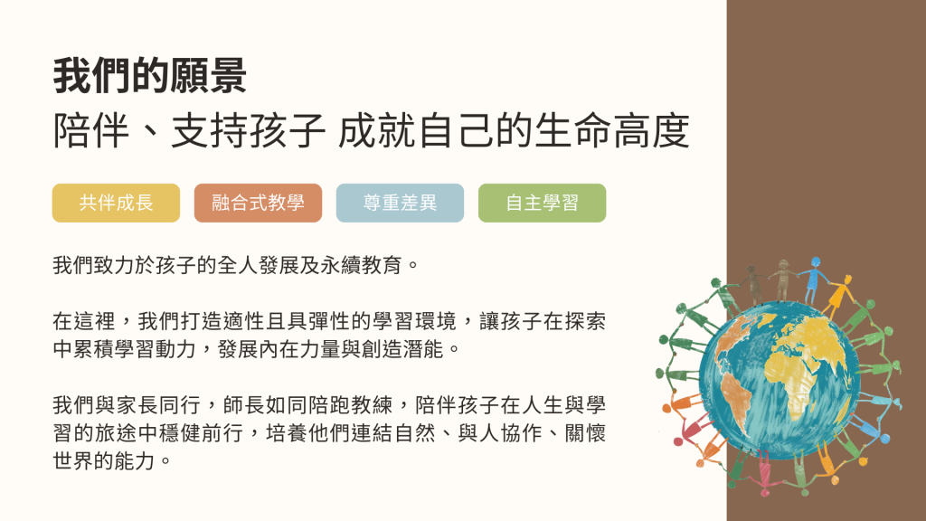 新北市Future實驗教育的教學實施與核心作法：共伴成長、融合式教學、尊重差異與自主學習，跨域結合 PBL、STEAM和SDGs永續教育，培養孩子連結自然、協作與關懷世界的能力。
